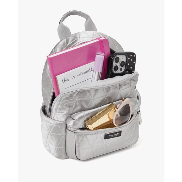 New Kate Spade Sam Icon Quilted Satin Small Backpack Silver - Picture 5 of 7